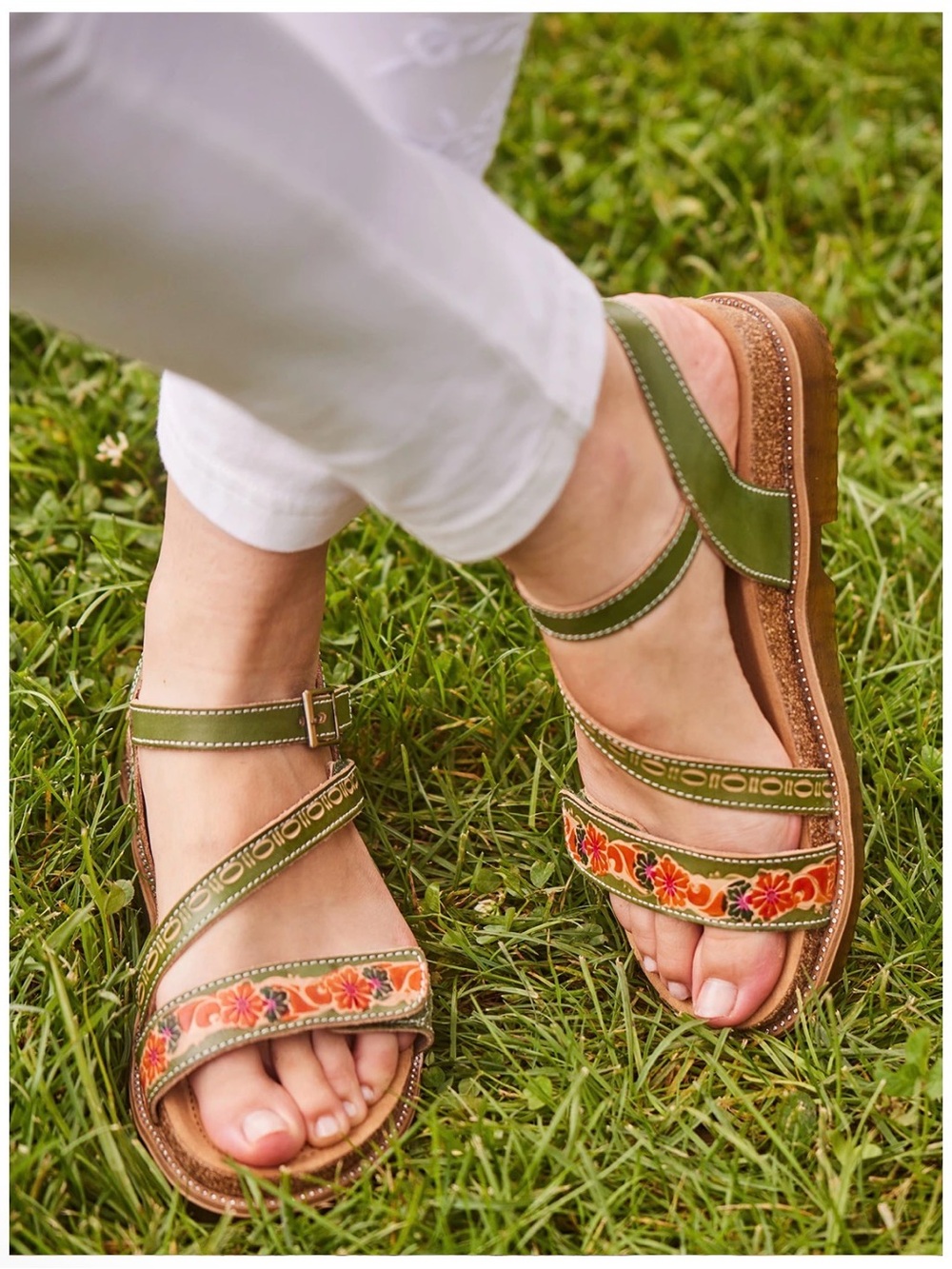 Spring Step L'Artiste Women's Dialog Strap Sandal in Green Floral Leather